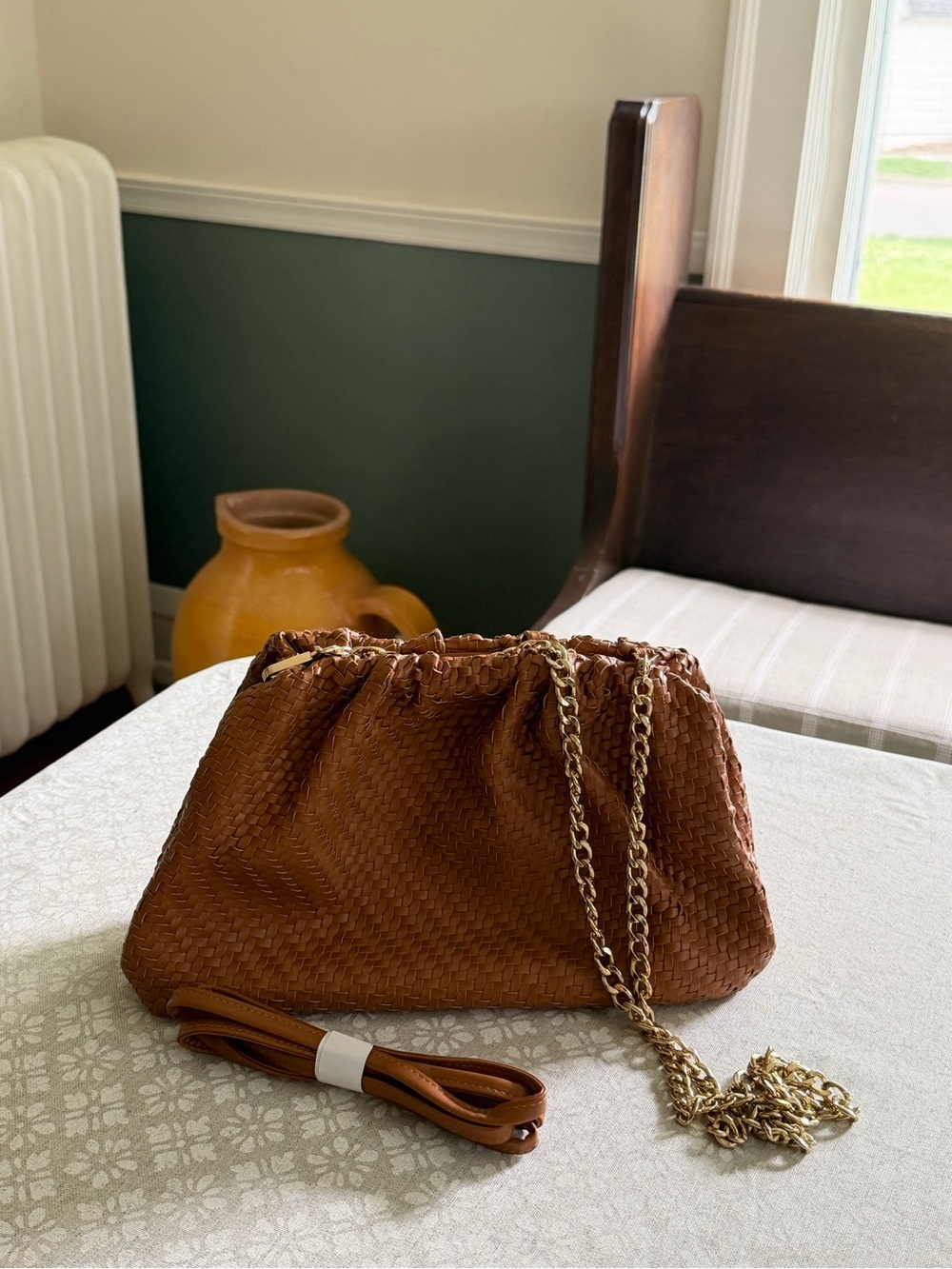 By Anthropologie Woven Cognac Pouch Bag · Chain + Faux Leather Strap